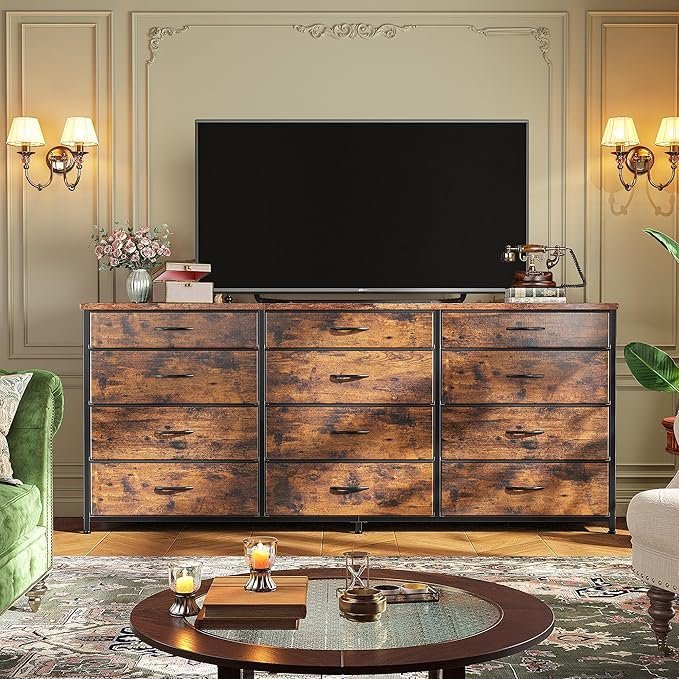 91rXtwyPaUL._AC_SX679_.jpg Romorgniz 55″ Dresser for Bedroom with 12 Fabric Drawers, Entertainment Center for 60 inch TV Dressers & Chests of Drawers Large Organizer, Living Room, Metal Frame, Wood Top, Rustic Brown