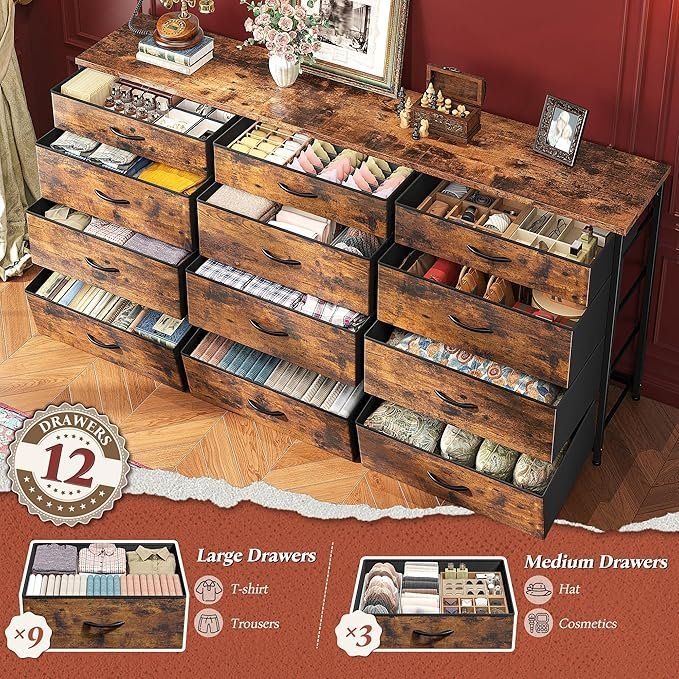 91v-BG1qWmL._AC_SX679_.jpg Romorgniz 55″ Dresser for Bedroom with 12 Fabric Drawers, Entertainment Center for 60 inch TV Dressers & Chests of Drawers Large Organizer, Living Room, Metal Frame, Wood Top, Rustic Brown