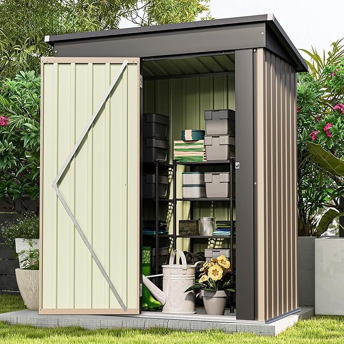 91yRU1FibL._AC_SX679_.jpg Patiowell 5×3 FT Outdoor Storage Shed, Tool Shed with Sloping Roof and Lockable Door, Metal Shed for Backyard Garden Patio Lawn, Brown