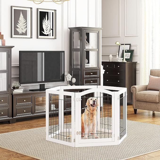 A1vD6u7KtUL._AC_SX679_.jpg PAWLAND 144-inch Extra Wide 30-inches Tall Dog gate with Door Walk Through, Freestanding Wire Pet Gate for The House, Doorway, Stairs, Pet Puppy Safety Fence, Support Feet Included, White,6 Panels
