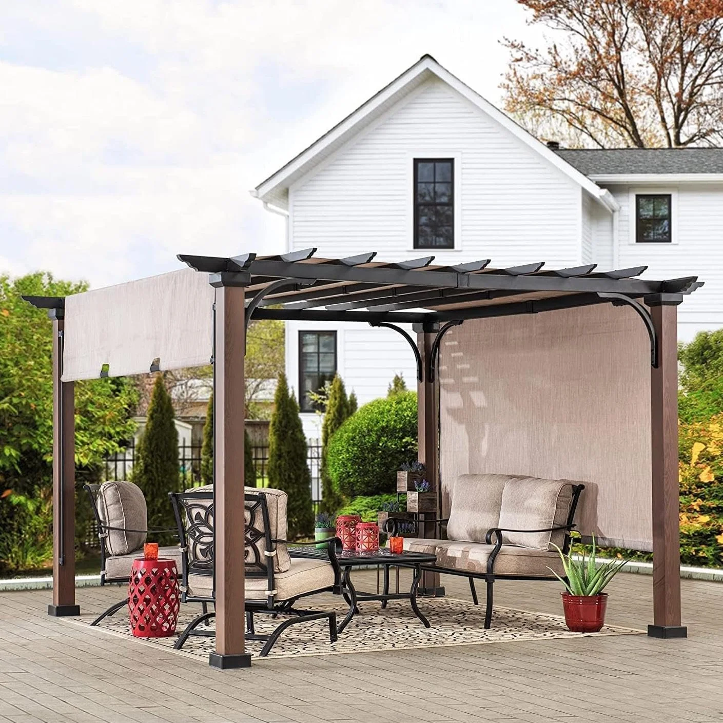 b1-13-1.webp Sunjoy 11 x 11 ft Metal Pergola with Adjustable Tan Garden Shades