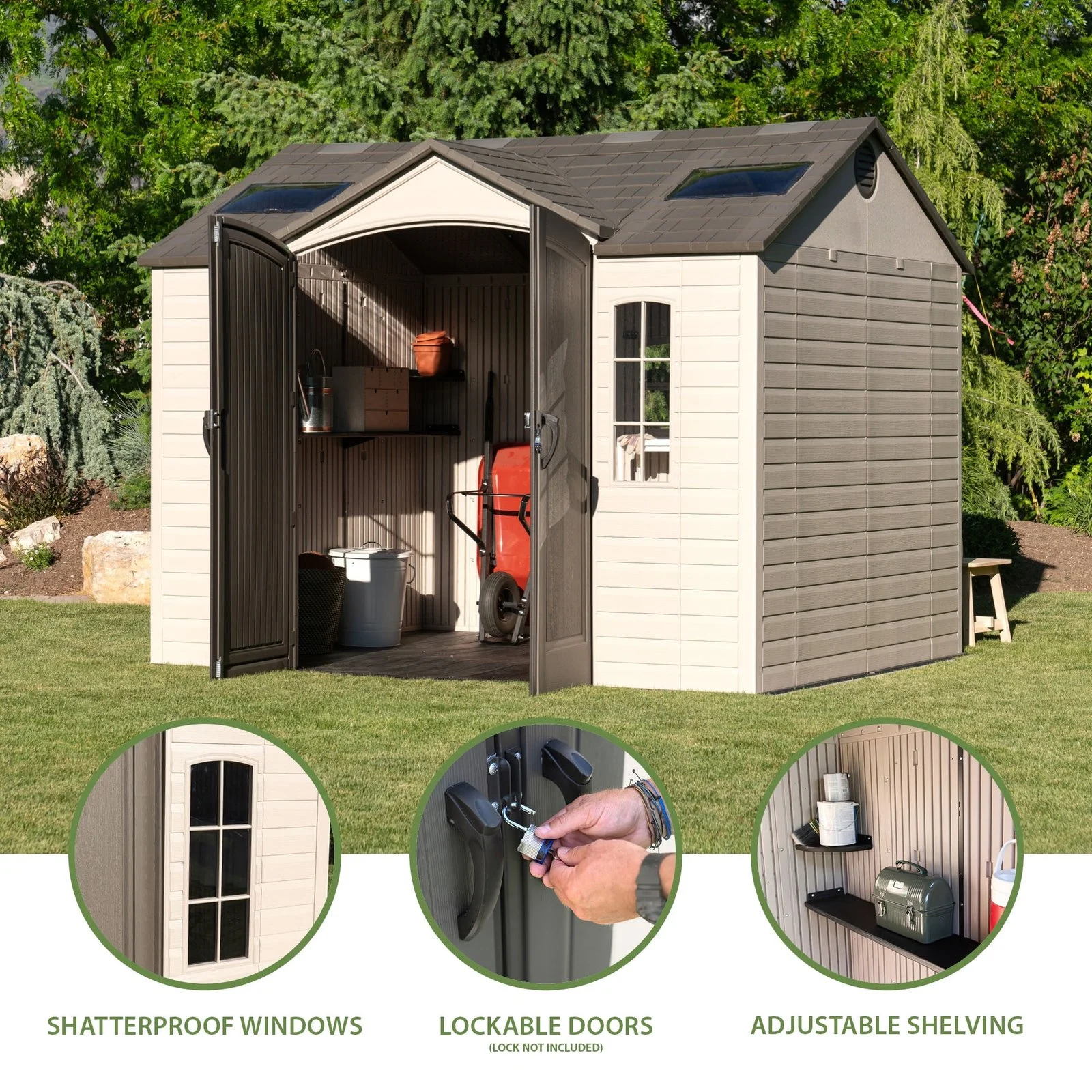 f3-19-1.webp Lifetime Lockable Polyethylene Outdoor Storage Shed, 10′ x 8′, Tan & Browns (60005)