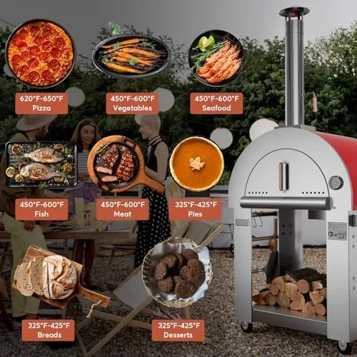 g3-4-1.webp Empava Pizza Oven with Open Shelf and Wheels for Outdoor Kitchen, Wood Fire for Grill & Camping Backyard Party in Stainless Steel, 38.6 Inch, Italian Red