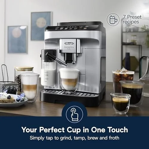 De’Longhi Magnifica Evo Automatic Espresso & Coffee Machine with Auto Milk Frother, Built-in Grinder & Auto-Clean Function – For Latte, Cappuccinos, Americano, Iced Coffee, ECAM29084SB , Silver